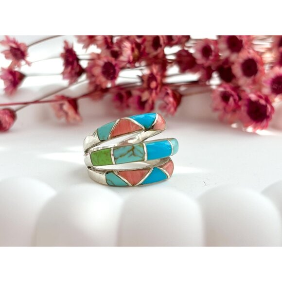Navajo Style Turquoise & Coral Inlay Shank Vintage Unisex Ring - sz 5 - Picture 7 of 10